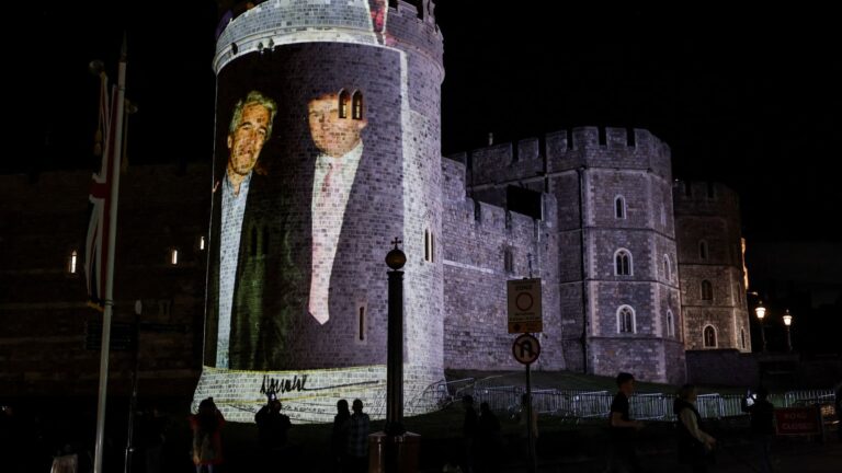 Trump and jeffrey epstein's image projected on windsor castle
